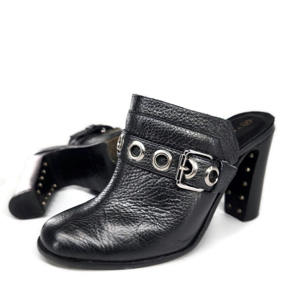 Trina Turk Willoughby Black Pebbled Leather Buckle Strap Studded High Heel Mules